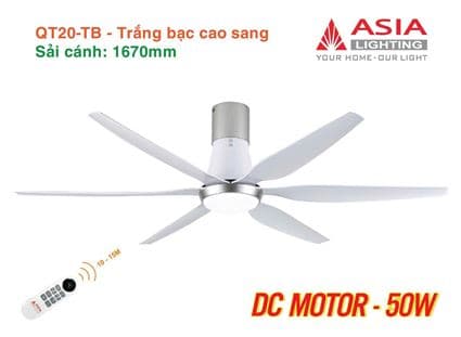 Quạt trần đèn cao cấp 6 cánh - sải cánh 1670 - QT20-TB-01 - Trắng bạc cao sang